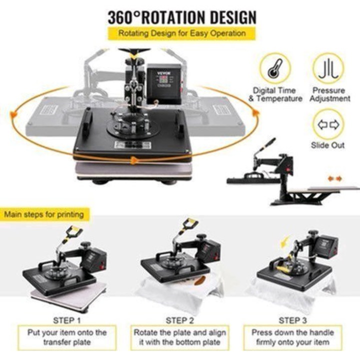 Presa termica 8‑in‑1 Corenia QRE-2081998, placa 38 x 38 cm (15x15 inch), 360° rotativa, control digital LED, 1250W, set cu prese pentru cani, sapca si farfurii, negru