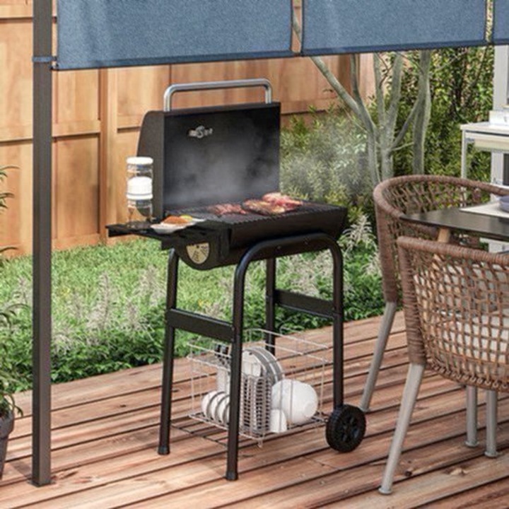 Gratar pe carbuni Corenia QRE-2108393, suprafata grill 83 x 46,5 cm, functie smoker si termometru incorporat, negru, cu roti si polita de depozitare