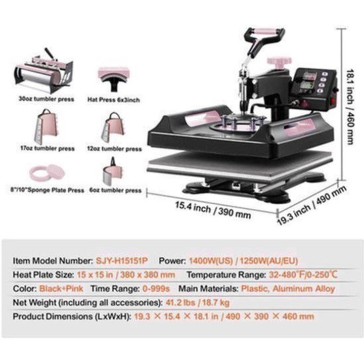 Presa termica 8‑in‑1 Corenia QRE-2084182, multifunctionala pentru textile si cani, platou 15x15 cm, 1400W, negru/roz