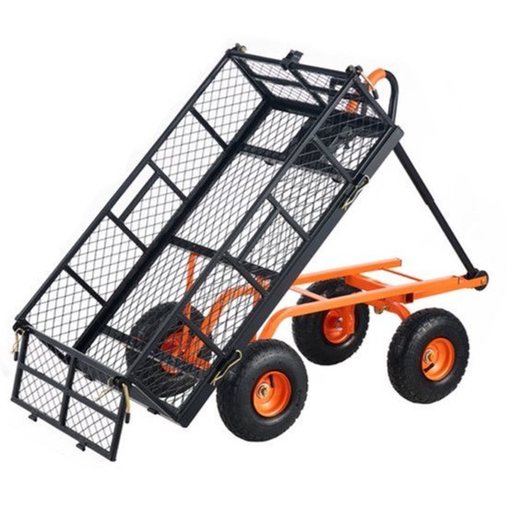 Remorca basculanta pentru gradina Corenia QRE-2084363, cadru metalic, 4 roti cauciuc 10 inch, capacitate 181 kg, laterale demontabile, portocaliu/negru, 177 x 50 x 50 cm