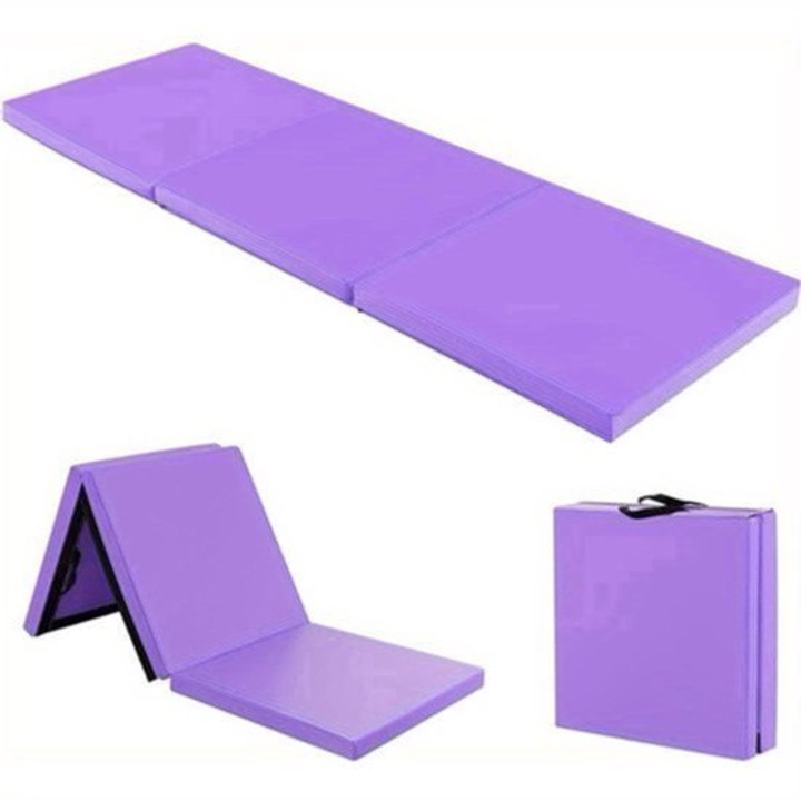 Saltea de gimnastica pliabila Corenia QRE-2098322, spuma groasa, invelis din piele ecologica, cu manere, violet