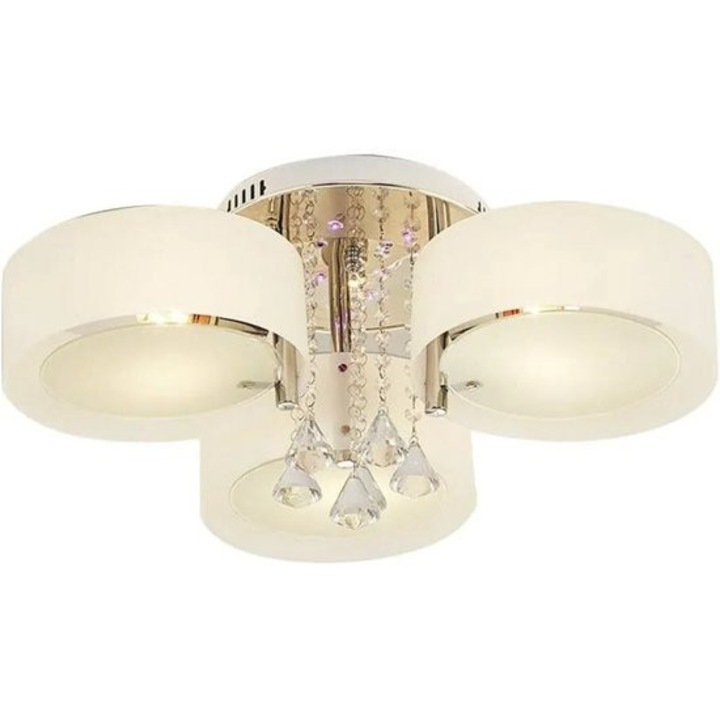 Lustra plafon LED Corenia QRE-2087440, 3 spoturi, schimbare de culoare, cristale tip picatura, cu telecomanda, alb/crom