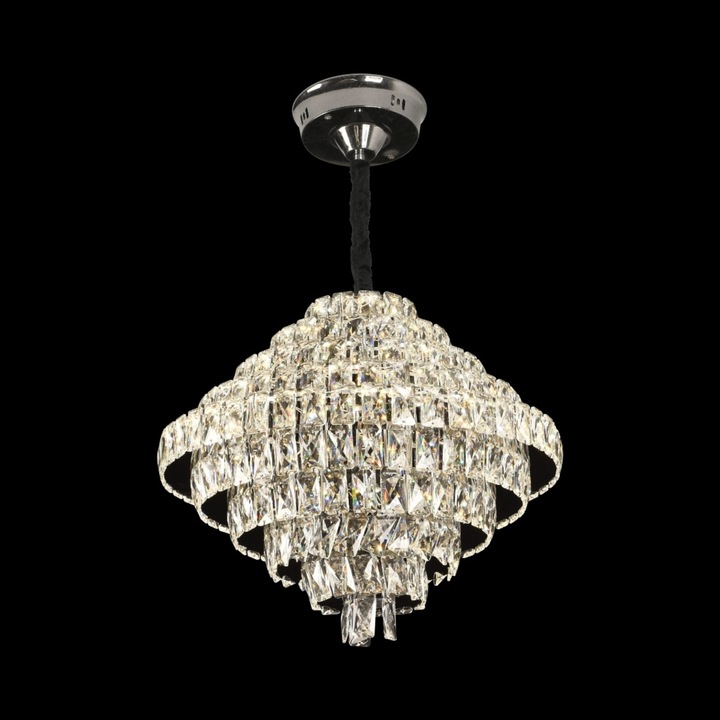 Candelabru Cristal Opal cu telecomanda, 110W, Diametru 35 cm, 3000K/4000/6000K, Crom Lucios, Inaltime Reglabila