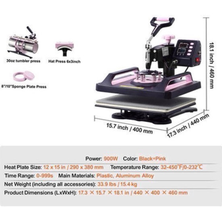 Presa termica 5-in-1 Corenia QRE-2107599, pentru transfer/sublimare, placa 12 x 15 inch (30 x 38 cm), temp. pana la 250°C, temporizator digital, accesorii pentru tricouri/palarii/cana/tumbler, roz/negru, 900W