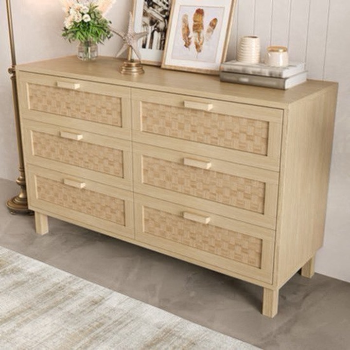 Comoda Corenia QRE-2091560 cu 6 sertare, cadru din bambus si sertare din ratan, nuanta naturala, 68 cm inaltime