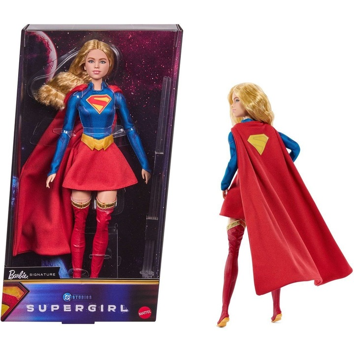 Papusa Barbie Mattel Barbie Signature Celebrities JJY04 Supergirl (DC Comics), costum rosu/albastru