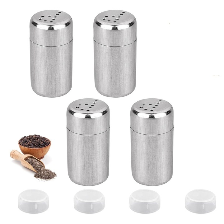 Set de 4 solnite mini din otel inoxidabil pentru condimente, orificiu 2 mm, capac filetat etans, 25 x 48 mm, inox