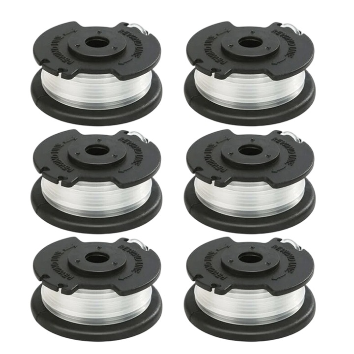 Set 6 bobine pentru trimmer compatibile Hyper Tough 20V Max HT19-401-003-06/07, fir 1,7 mm x 5 m fiecare (0,065" x 16,4 ft), auto single-line feed, plastic si nylon, transparent