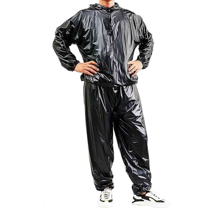 Costum sauna din PVC lucios, set hanorac cu gluga si pantaloni, promoveaza transpiratia, lavabil, Negru, L