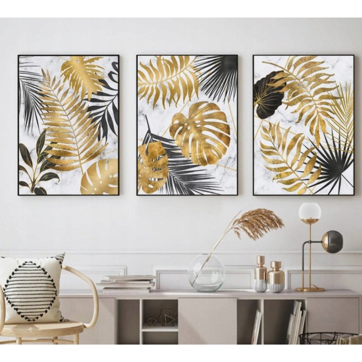 Set 3 Tablouri Modern Frunze Aurii Monstera 50x70cm
