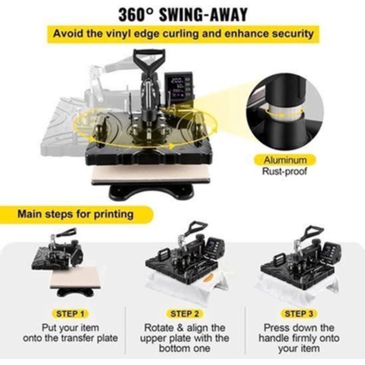 Presa termica multifunctionala Corenia QRE-2093090 10‑in‑1, placa incalzire 30 x 38 cm, 360° swing-away, afisaj LCD si accesorii pentru tricouri/cani/sepci, negru