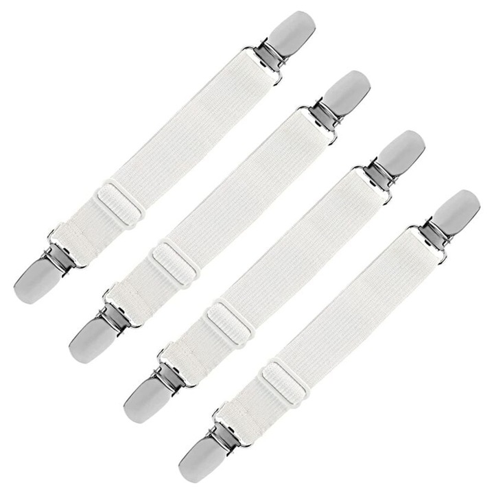 Cleme reglabile pentru cearsafuri cu elastic, fara nichel, lavabile 60°C, alb, set 4, LR-20260824-30303
