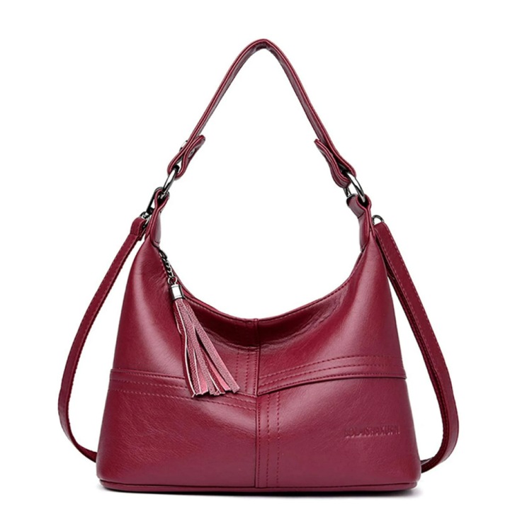 Geanta crossbody din piele PU cu captuseala din poliester, cu ciucure si curea reglabila, compartimente multiple, pentru tableta 9.7", bordo, 29 x 10 x 23 cm