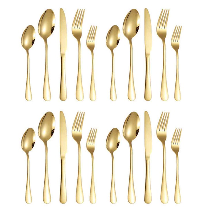 Set tacamuri 20 piese LR-20260824-30345, pentru 4 persoane, otel inoxidabil cu finisaj mat, auriu