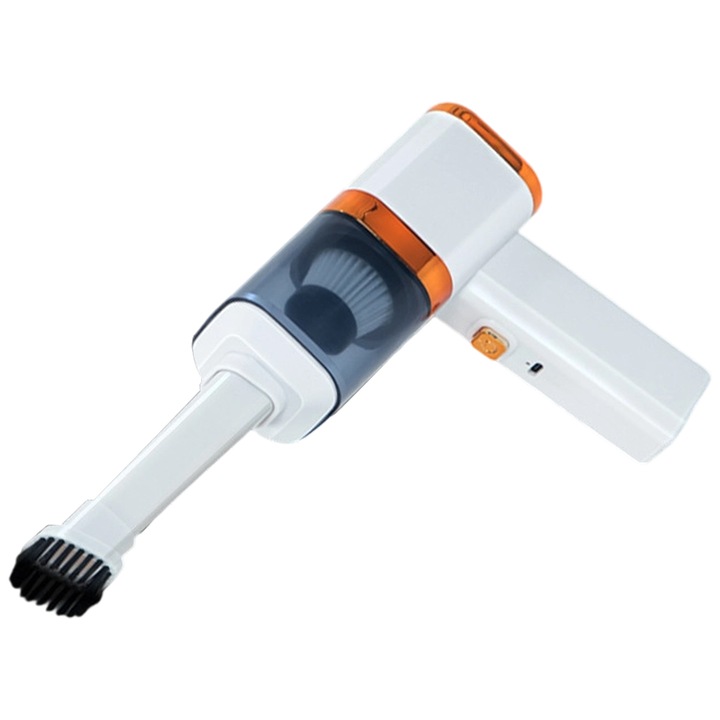 Aspirator portabil mini LR-20260824-30335, reincarcabil USB pentru crevase auto si tastaturi, rezervor transparent, alb/portocaliu