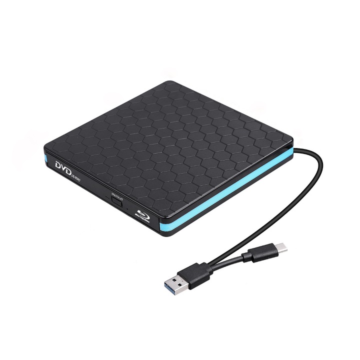 Unitate optica externa LR-20260824-30325, USB 3.0 + USB-C, citire si ardere CD/DVD, compatibil Windows/Mac, negru/albastru, 14.3×14.5×1.8 cm