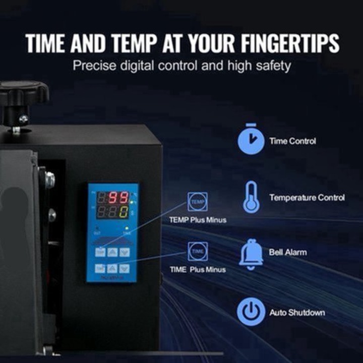 Presa termica Corenia QRE-2092958, platou 15 x 15 inch (38 x 38 cm), 1200W, control digital temperatura 0–299°C, timer 0–999s, placa teflonata, presiune reglabila, negru
