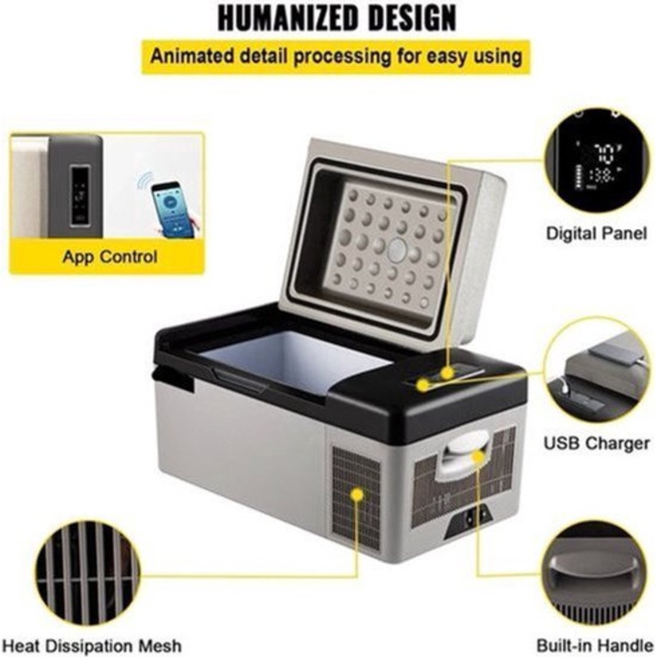 Frigider portabil auto Corenia QRE-2095647, compresor, 12/24V DC si 110-240V AC, panou digital, control prin aplicatie, port USB, gri/negru, 50 L
