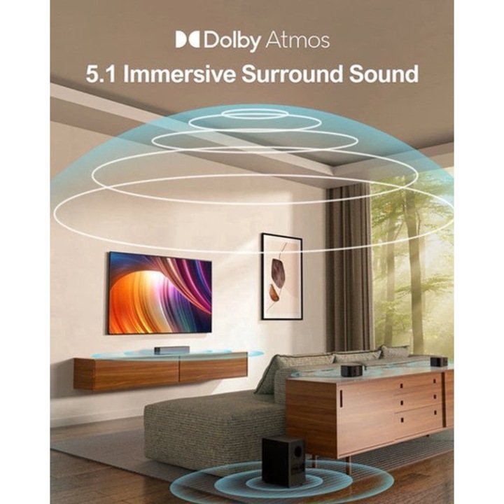 Soundbar Corenia QRE-4324812, Dolby Atmos 5.1 immersive 3D Surround, 87 dB, 50Hz-20kHz, include cabluri difuzoare, negru