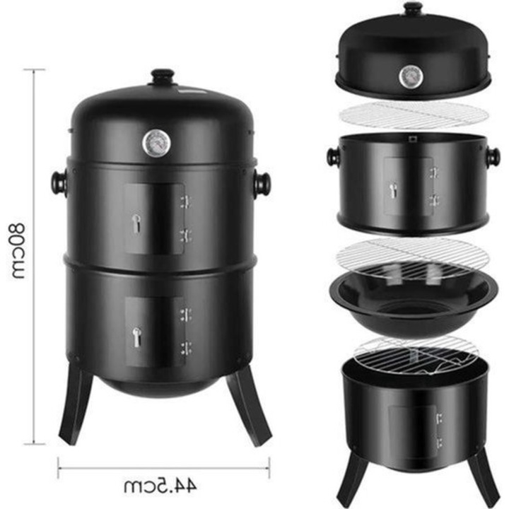 Smoker barbecue 3-in-1 Corenia QRE-2096063, O45 cm, 2 gratare din inox, termometru incorporat, tava pentru apa si tava pentru carbuni, negru, inaltime ~80 cm
