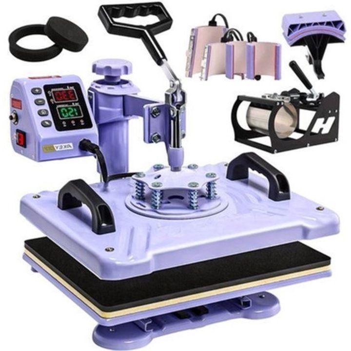 Presa termica Corenia QRE-2096426, 8-in-1 multifunctionala cu platou 38,1 x 30,48 cm, mecanism 360° swing-away, panou digital, accesorii pentru tricouri/sepci/cani/plate, lila