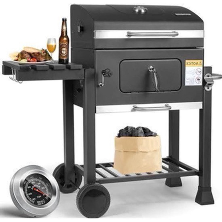 Gratar pe carbune Corenia QRE-2096801, trolley XXL cu roti, sertar usor pentru cenusa, deschizator, rafturi si carlige, negru, 116 x 55,7 x 100 cm