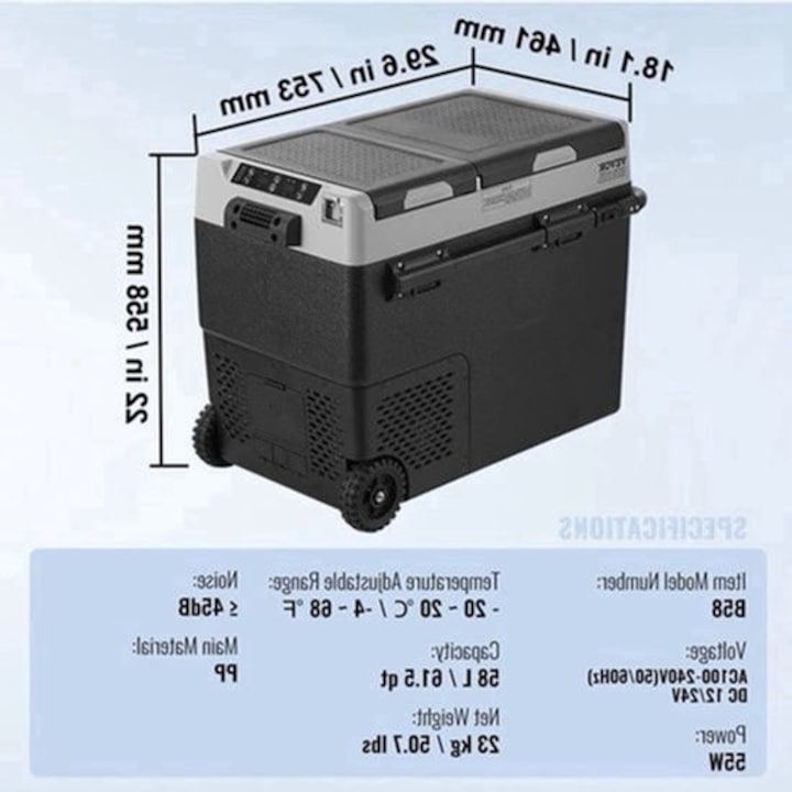 Frigider portabil cu compresor Corenia QRE-2097626, -20°C–20°C, 12/24V & 110/240V, 50 l, negru/gri, roti si maner telescopic