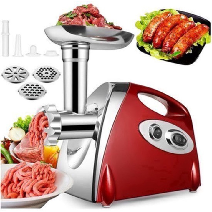 Masina de tocat carne Corenia QRE-2097131, 700 W, inox Grade 304, 3 site (fin/mediu/gros), accesorii pentru carnati, rosu