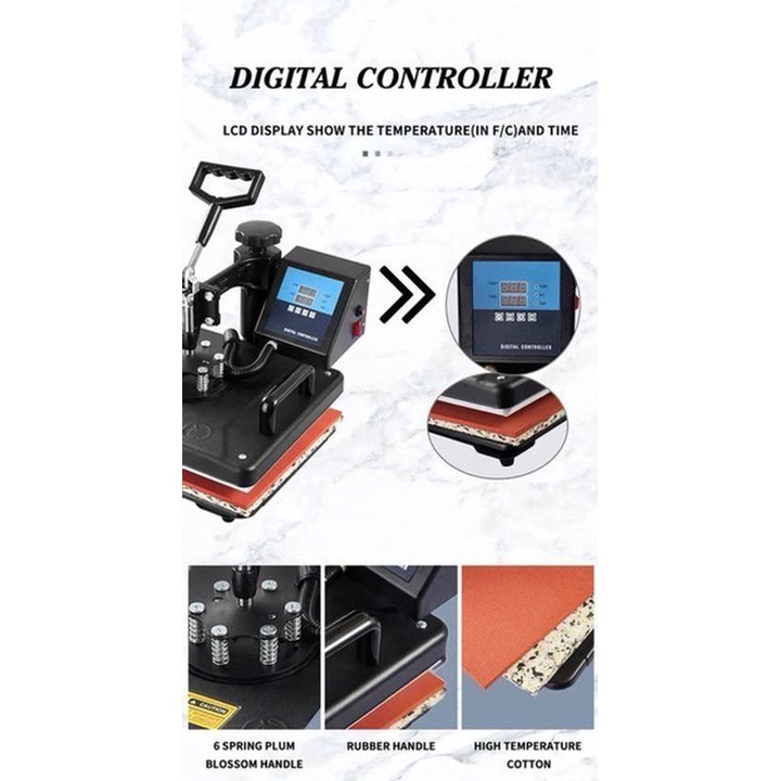 Presa termica 7‑in‑1 Corenia QRE-2098383, pentru textile, muguri si sepci, suprafata 29x38 cm, display LCD, presiune reglabila, negru/portocaliu
