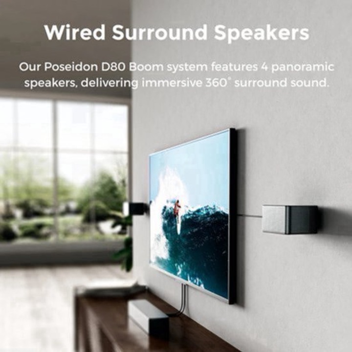 Soundbar Corenia QRE-4427561, sistem home cinema 7.1 cu Dolby Atmos, subwoofer wireless 500 W, 8 difuzoare, HDMI eARC/optica/AUX, negru, 258 x 500 x 424 mm