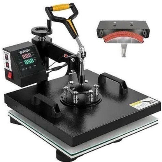 Masina de presa termica 2-in-1 Corenia QRE-4427642, placa 38x38 cm, 360° rotativa, digitala LCD, 1200W, Teflon, include presa pentru sepci, negru