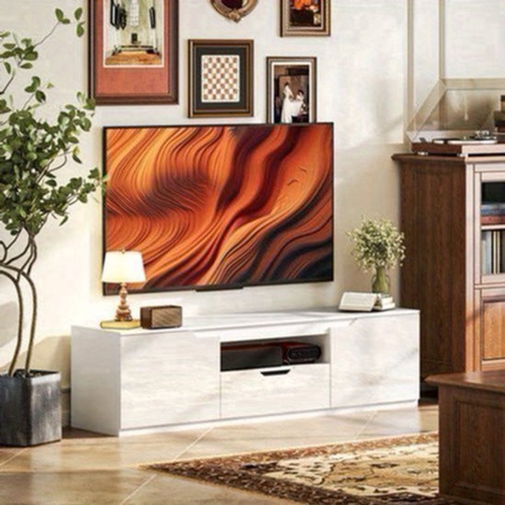 Comoda TV Corenia QRE-2099595, 160 cm, pentru TV pana la 65 inch, 2 usi si sertar cu organizare cabluri, alb