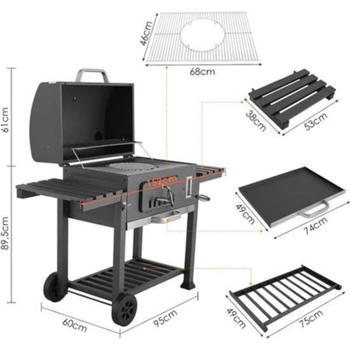 Gratar pe carbune Corenia QRE-2099259, oversized suprafata de gatit, finisaj emailat portelan, corp din otel inoxidabil, sertar pentru carbuni, 2 mese laterale rabatabile, suport cu roti, negru, 95 x 60 x 89.5 cm