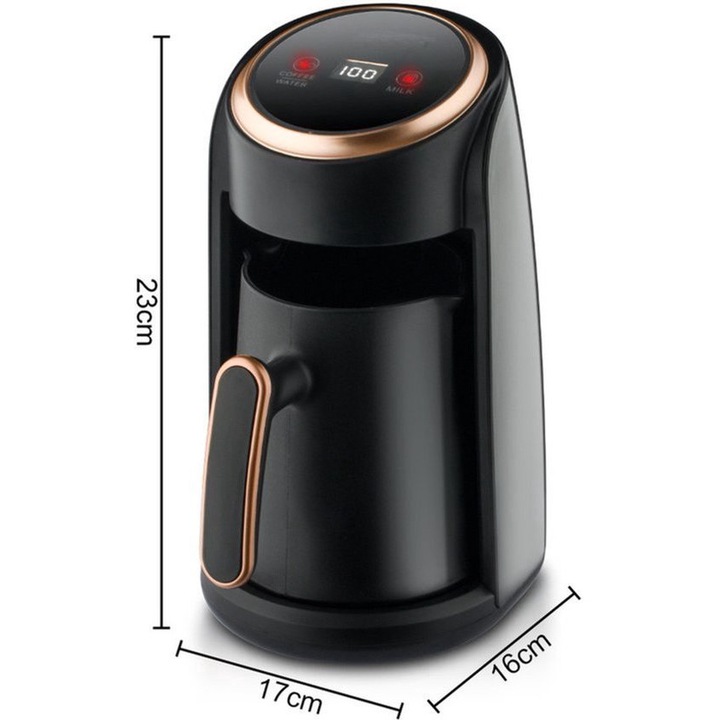 Espressor electric portabil Corenia QRE-2099729 pentru cafea turceasca, 300 ml, 600 W, negru mat cu accente aurii-roz, panou tactil, oprire automata, protectie anti-reflux, stecher UE