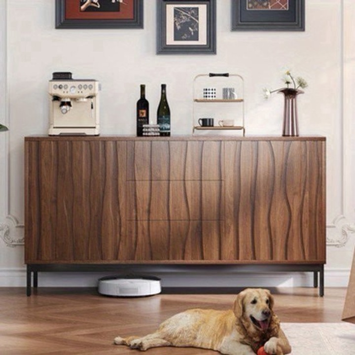 Comoda sideboard Corenia QRE-2099862, MDF cu furnir de stejar inchis, 3 sertare si o usa, stil vintage, maro inchis, 150 cm