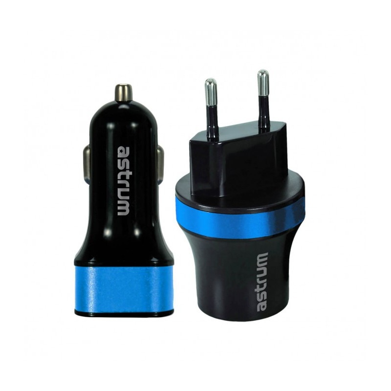 Incarcator Universal 3in1 2,4A/2,1A 5V cu cablu microUSB CK310 Negru/Albastru Astrum