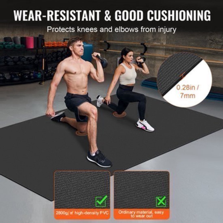 Saltea fitness Corenia QRE-2101420, PVC dens 17.800 g, 7 mm antialunecare, 305 x 183 cm, negru, cu geanta de transport, prosop si benzi