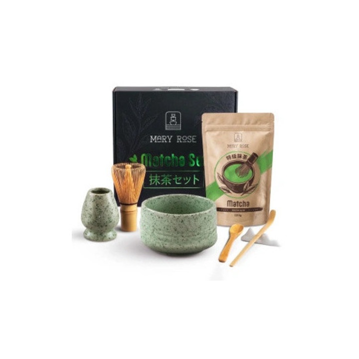 Комплект Чай Матча, Mary Rose, Premium, Китай, Купа Керамика Rokku, 500 ml, Бамбукова Бъркалка Chasen, Поставка Kusenaoshi, Подложка Chashaku-oki, Лъжица, Подаръчна Кутия, Фин Прах, Естествен Аромат, 100 g