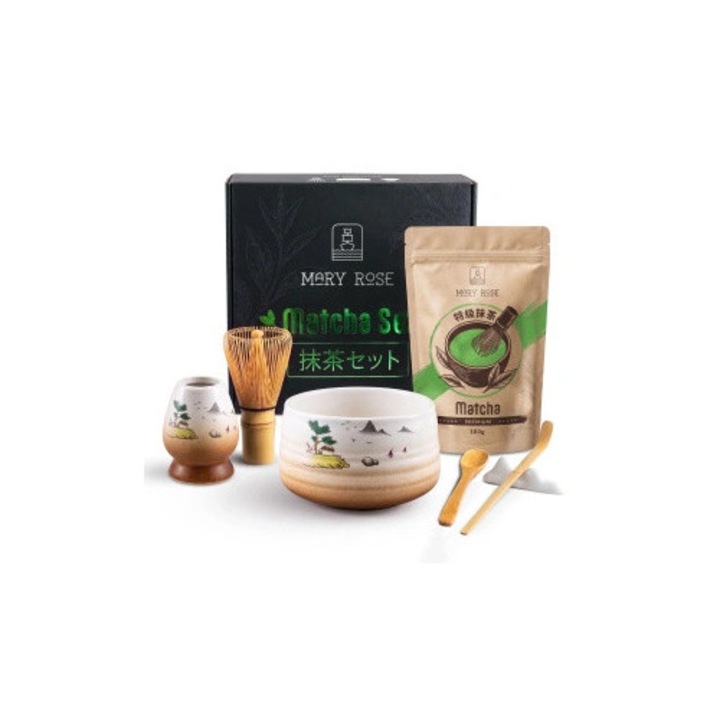 Комплект Чай Матча, Mary Rose, Premium, Китай, Керамична Купа Matchawan Sangaku, 500 ml, Поставка Kusenaoshi, 6, 5 cm, Поставка Chashaku-oki, Бамбукова Бъркалка Chasen, Подаръчна Кутия, Традиционен Японски Ритуал, 100 g