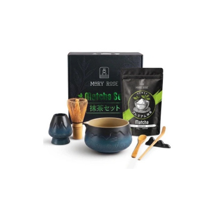Комплект Чай Матча, Mary Rose, BIO Premium, Япония, Керамична Купа Matchawan Mountain, Синя, 450 ml, Поставка Kusenaoshi, Поставка За Лъжица Chashaku-oki, Бамбукова Бъркалка Chasen, Подаръчна Кутия, 33 x 30 x 13, 5 cm, 30 g
