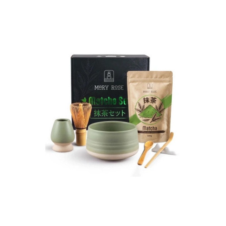 Комплект Чай Матча, Mary Rose, Китай, Керамична Купа Matchawan Higashi, 500 ml, Керамична Поставка Kusenaoshi, Бамбукова Бъркалка Chasen, Бамбукова Лъжичка Chashaku, Поставка Chashaku-oki, Подаръчна Кутия, Фина Пудра, Премиум Селекция, 100 g