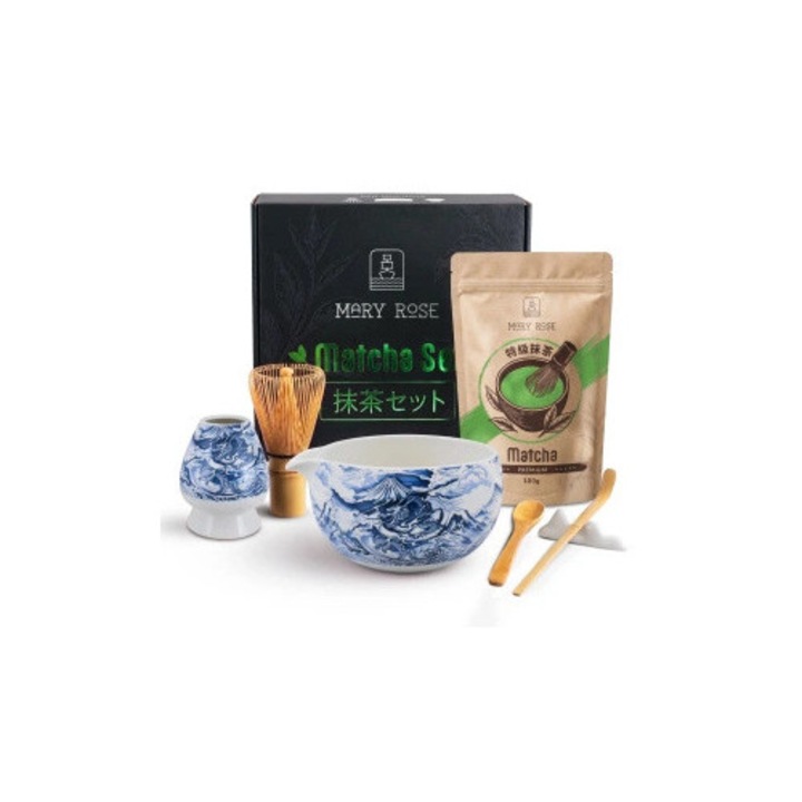Комплект Чай Матча, Mary Rose, Matcha Premium, Керамична Купа Matchawan Dragon, Поставка Kusenaoshi, Бамбуков Комплект Chasen, Поставка Chashaku-oki 7, 5x2 cm, Подаръчна Кутия 33x30x13, 5 cm, Традиционен Ритуал, 100 g