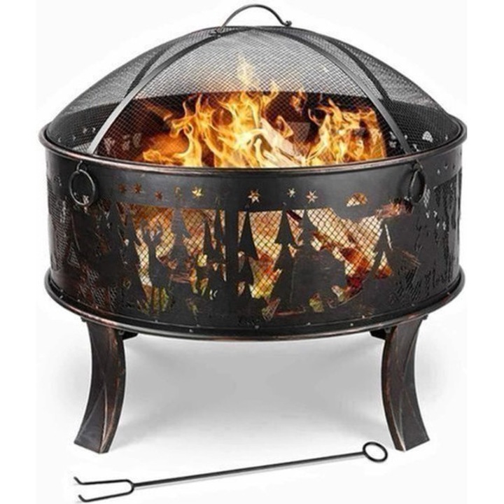Focar de gradina si gratar Corenia QRE-2102376, metal cu acoperire rezistenta la caldura, capac cu plasa antipar, gratar si pook incluse, negru, 69 x 69 x 65 cm