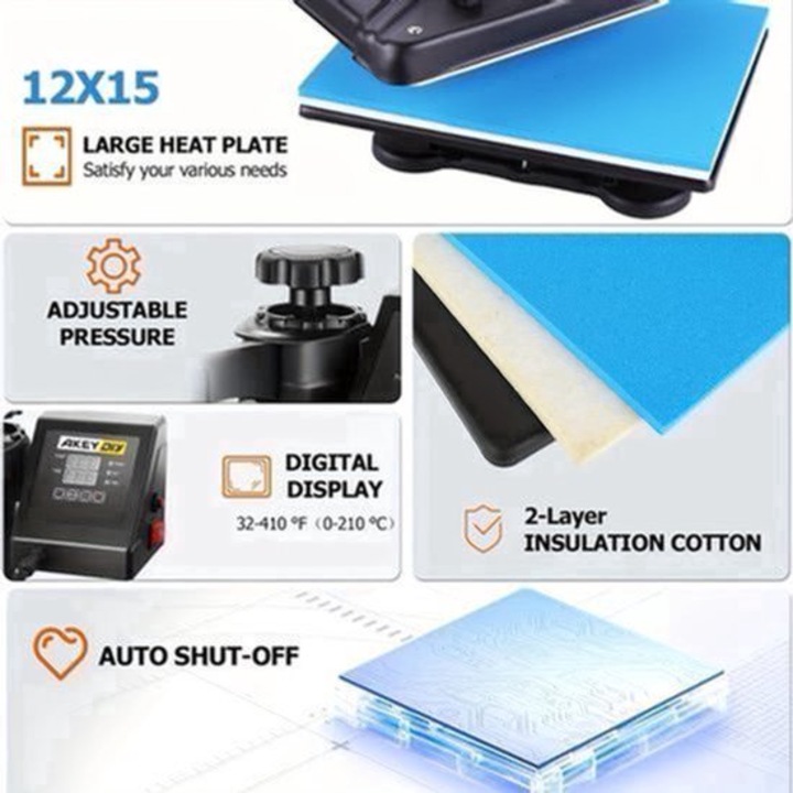 Presa termica multifunctionala Corenia QRE-4528514, 8-in-1 pentru tricouri/pahare/sepci/plate, placa 30,48 x 38,1 cm, tuburi duble de incalzire, afisaj digital, placa rotativa 360°, 220-240V