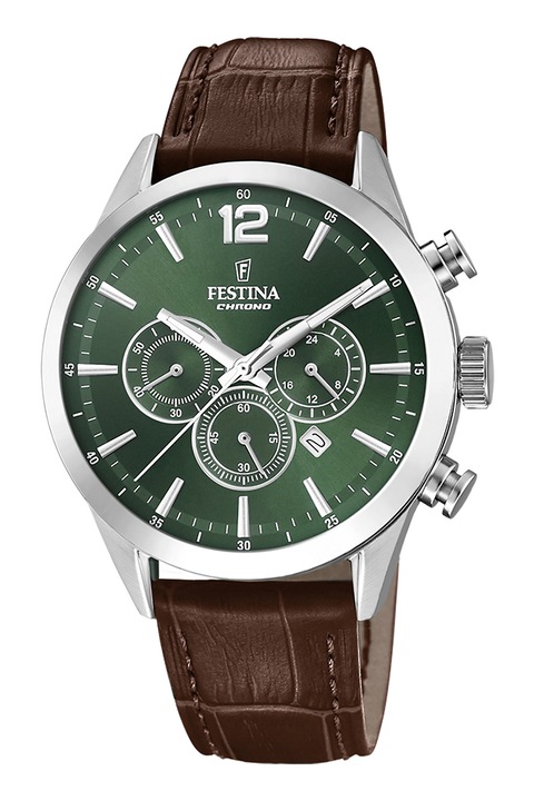 Festina, Часовник с хронограф с кожена каишка, Сребърен, Тъмнокафяв