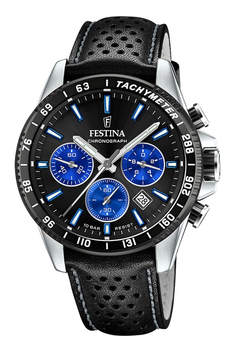 Festina, Часовник с хронограф с кожена каишка, Сребрист, Черен