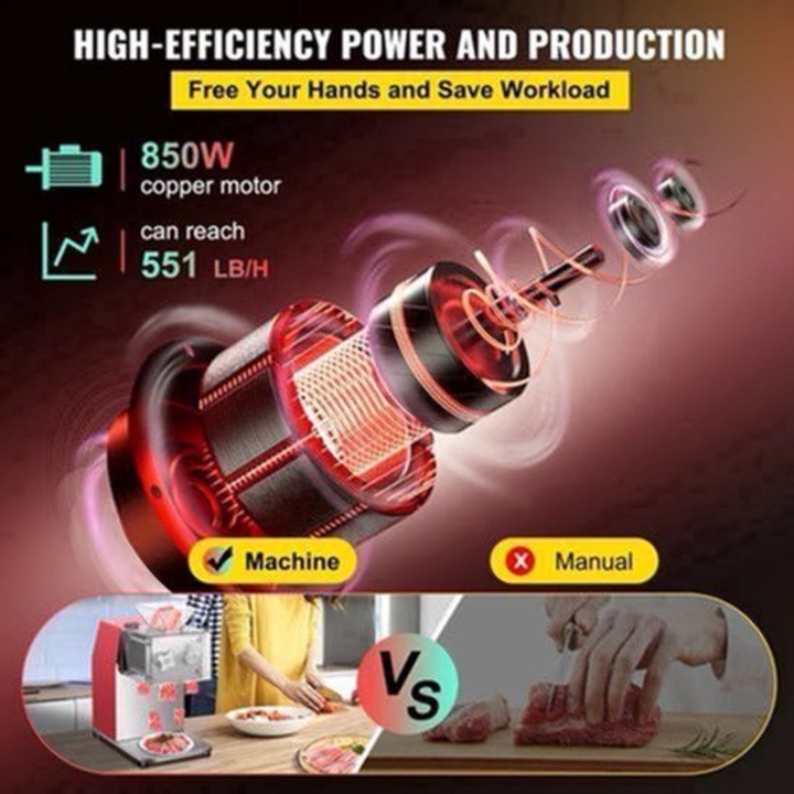 Masina de tocat carne si robot de bucatarie Corenia QRE-2103709, 850W, 1440 RPM, functii tocat carne / feliat legume / food processor, spatiu lama 3.5 mm, 50 Hz, rosu