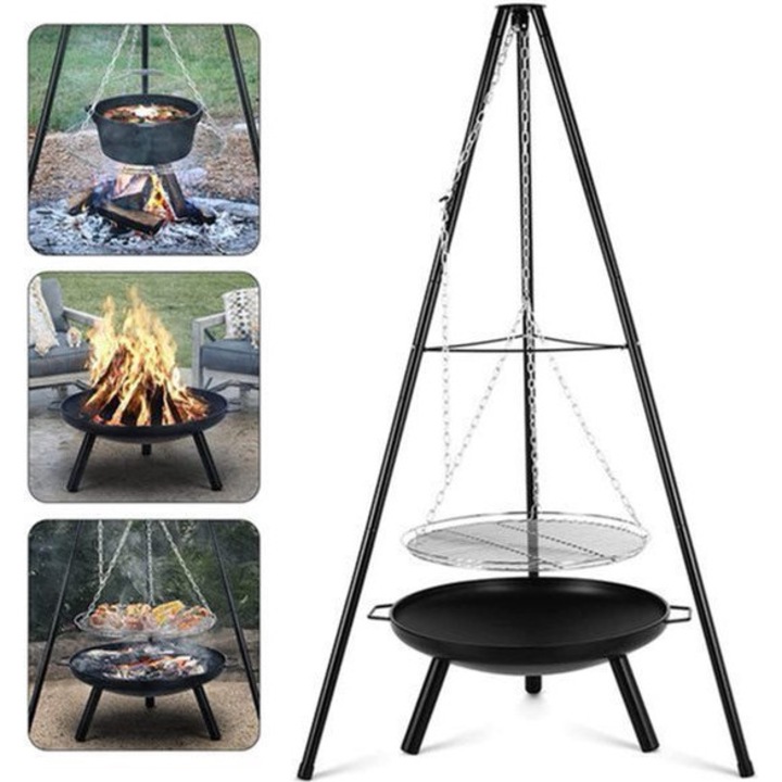 Focar pentru camping Corenia QRE-2103982 cu stativ reglabil, gratar si tigaie suspendata, negru, 152 cm