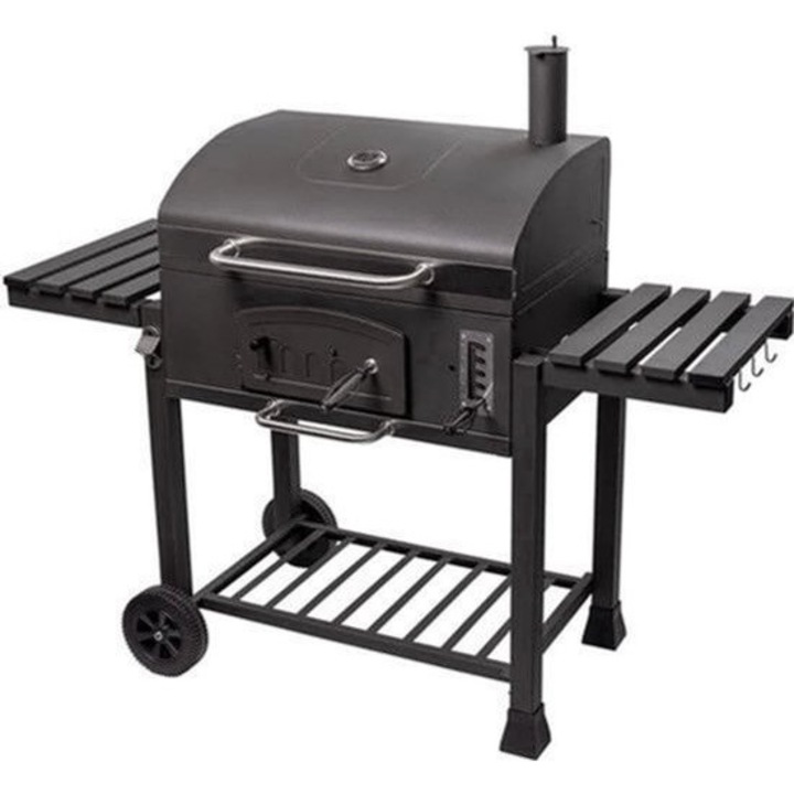 Gratar pe carbuni Corenia QRE-2104529, sistem „rooster-in-rooster”, tava pentru carbuni reglabila 6 pozitii, termometru in capac, rafturi laterale cu carlige, roti, negru, 152 x 60 x 136 cm
