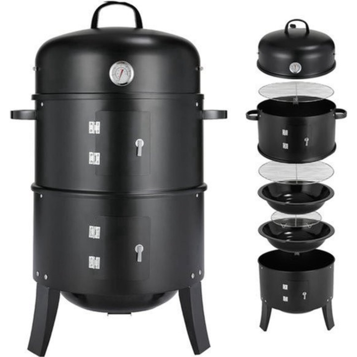 Grill/afumator vertical cu carbuni Corenia QRE-2105212, 3-in-1 (grill, afumat, gatit), portabil, termometru incorporat, ventilatie reglabila, negru, 48x45x28 cm, 8.5 kg